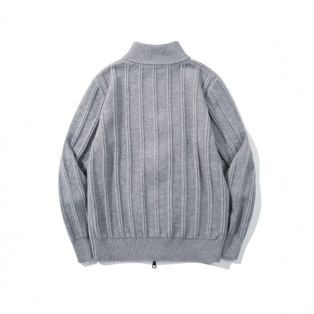 Unisex Gathered Knit Zip Jacket with High Stand-up Collar and Vertical Structure Mune Fashion