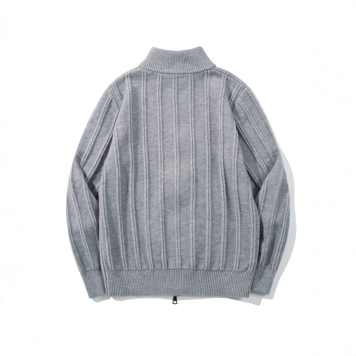 Unisex Gathered Knit Zip Jacket with High Stand-up Collar and Vertical Structure Mune Fashion