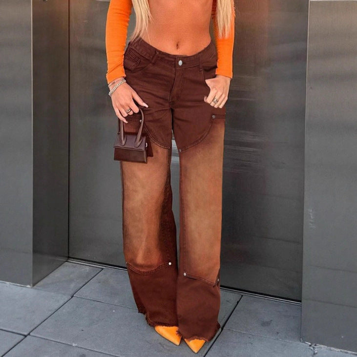 Women wide patchwork jeans with high waist and frayed hem Mune Fashion