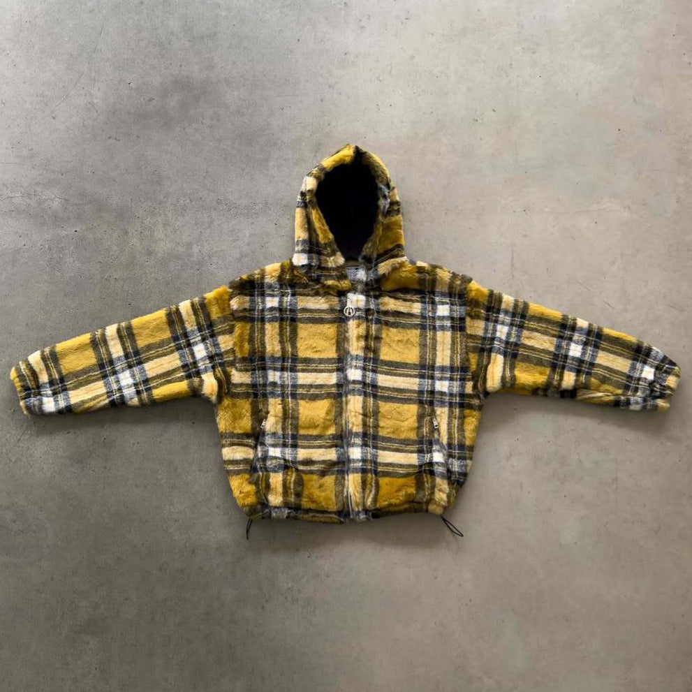 Unisex non-padded plaid fleece bomber jacket with hood drawstring and zippered pockets Mune Fashion