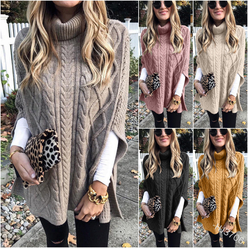 Ladies nan kastiger knit poncho with high turtleneck, cable structure and side slits Mune Fashion