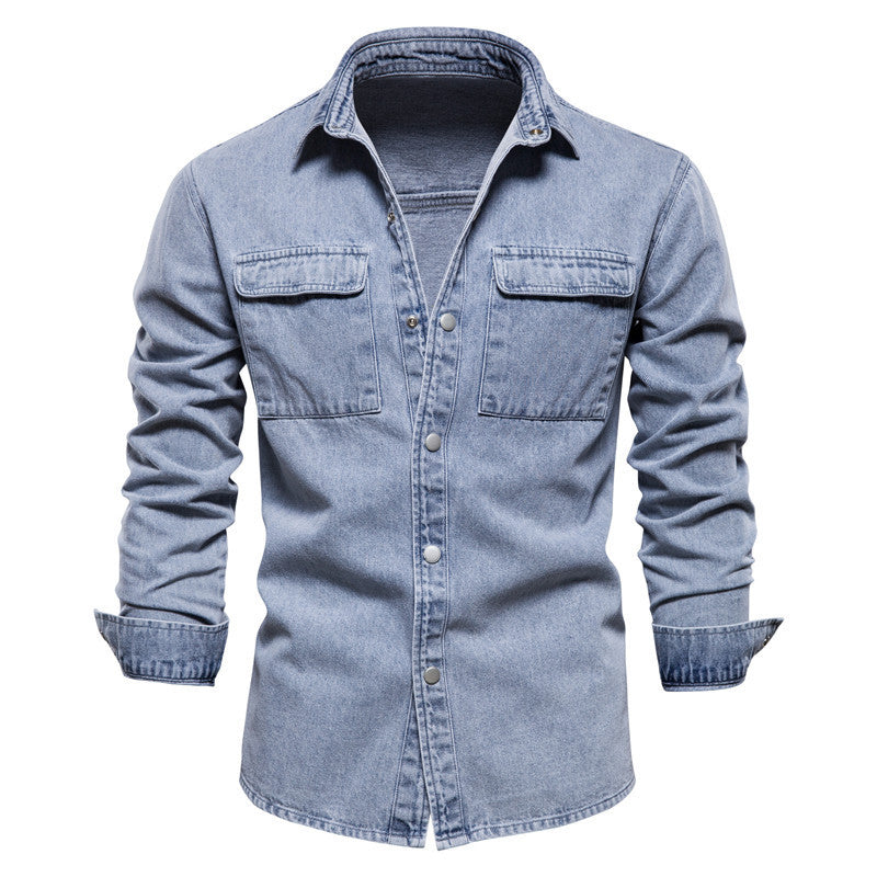 Men's casual jeans overshirt with snap button placket, patch chest pockets, and classic shirt collar Mune Fashion