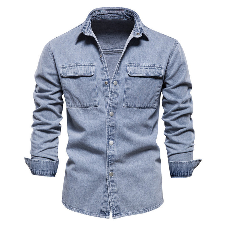 Men's casual jeans overshirt with snap button placket, patch chest pockets, and classic shirt collar Mune Fashion