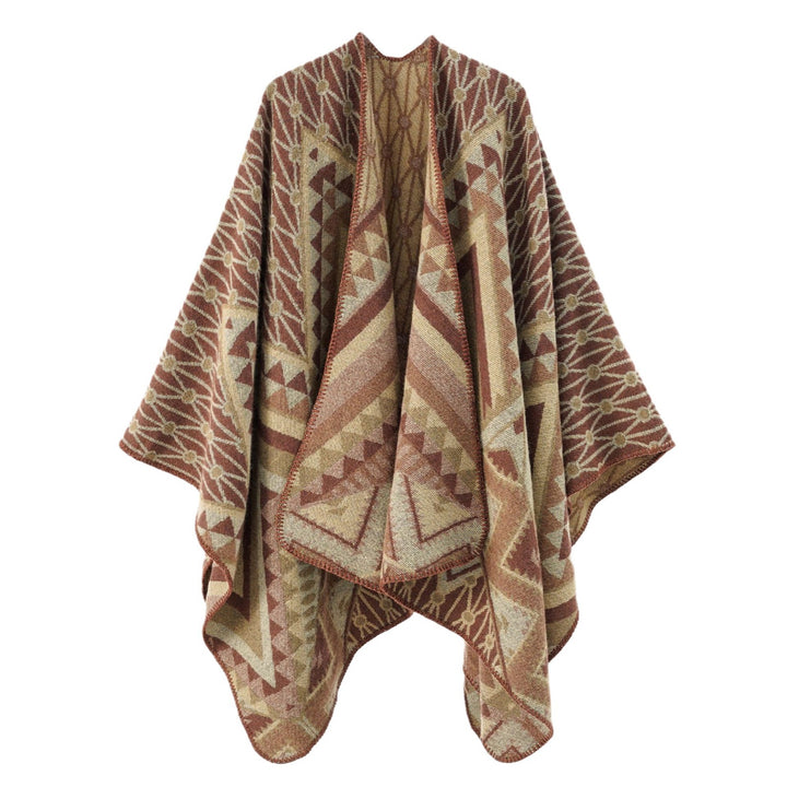Women's wool blend cape with graphic ethnic pattern and decorative overlock seam Mune Fashion