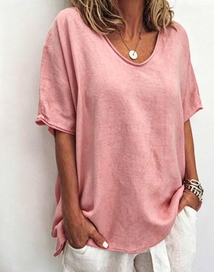 Women's loosely cut linen blend relaxed shirt with round neck, dropped sleeves and side slits Mune Fashion