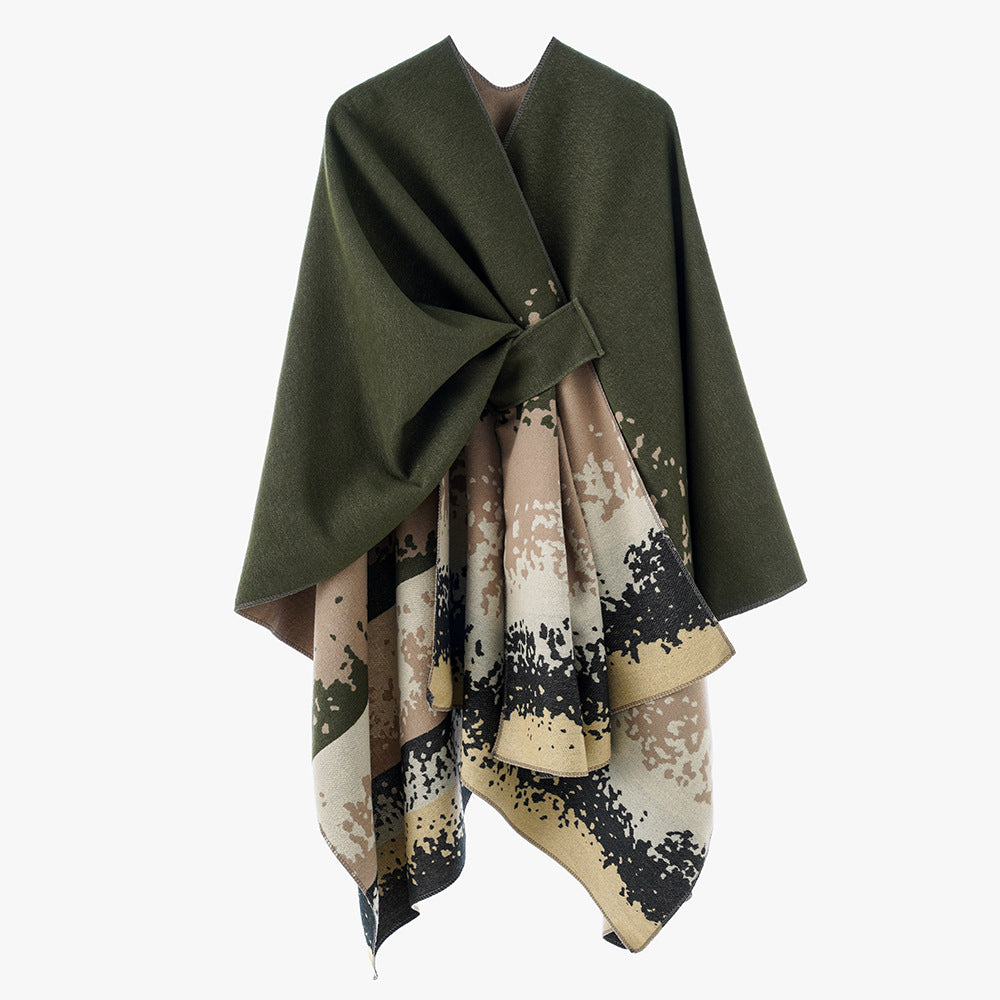 Women's cape poncho with integrated tie loop and two-layer jacquard fall Mune Fashion