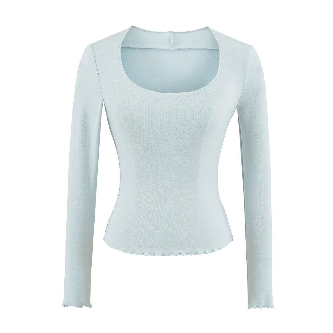 Women Fitted Long Sleeve Fine Knit Top with Square Neckline and Wave Hem Mune Fashion