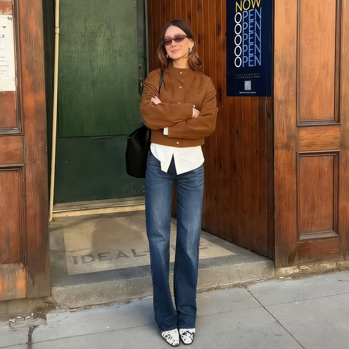 Ladies short jacket made of suede look with stand-up collar and snap buttons Mune Fashion