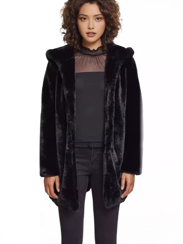 Women's Midi-Length Hooded Faux Fur Coat with Open Front and Lined Insert Pockets Mune Fashion