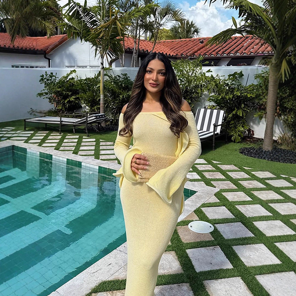 Women's Figure-Hugging Knit Maxi Dress with Off-the-Shoulder Neckline and Flared Sleeves Mune Fashion
