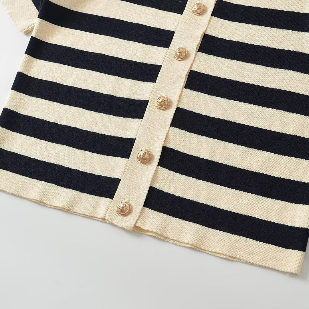Women's Short-Sleeve Striped Cardigan with Decorative Metal Buttons Mune Fashion