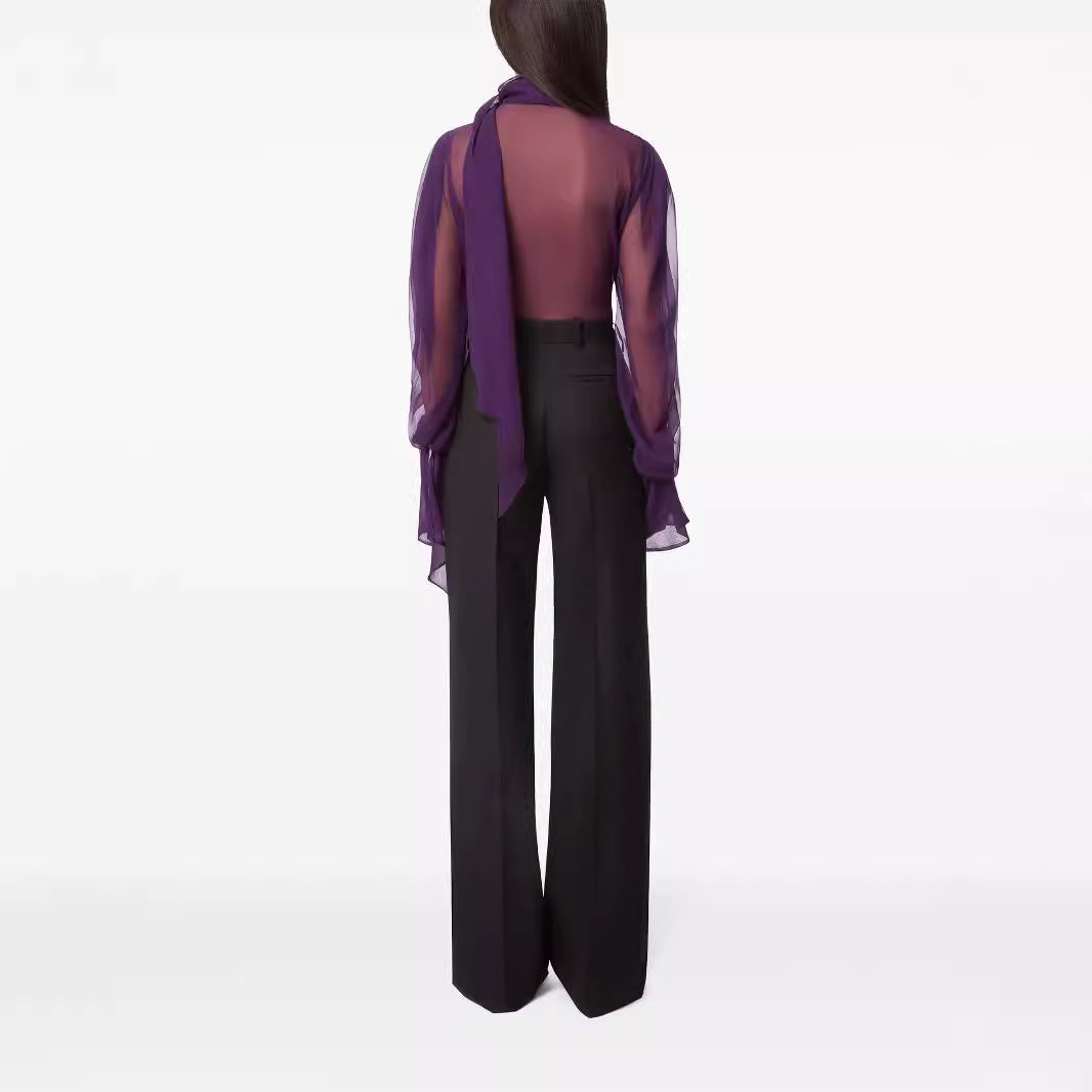 Ladies high-waisted wide pinstriped pants in tailoring style Mune Fashion