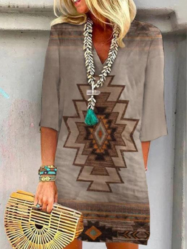 Women's Boho Tunic Dress with V-neck, 3/4 sleeves and geometric ethnic print Mune Fashion