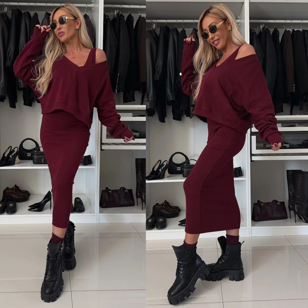 Ladies two-piece midi skirt set with off-shoulder oversized sweatshirt and figure-hugging pencil skirt Mune Fashion
