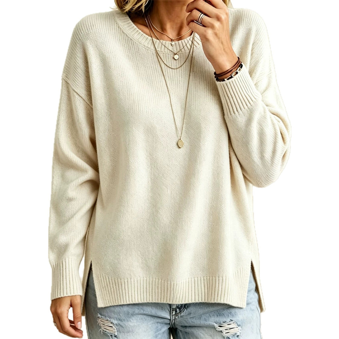 Women Loose Fit Round Neck Fine Knit Sweater with Side Slits and Ribbed Cuffs Mune Fashion