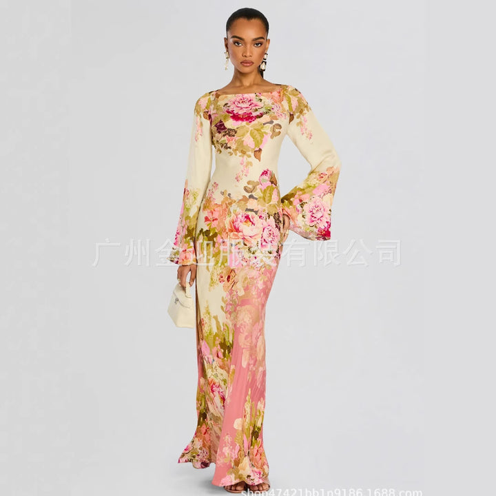 Women's long evening dress with trumpet sleeves and floral pattern Mune Fashion