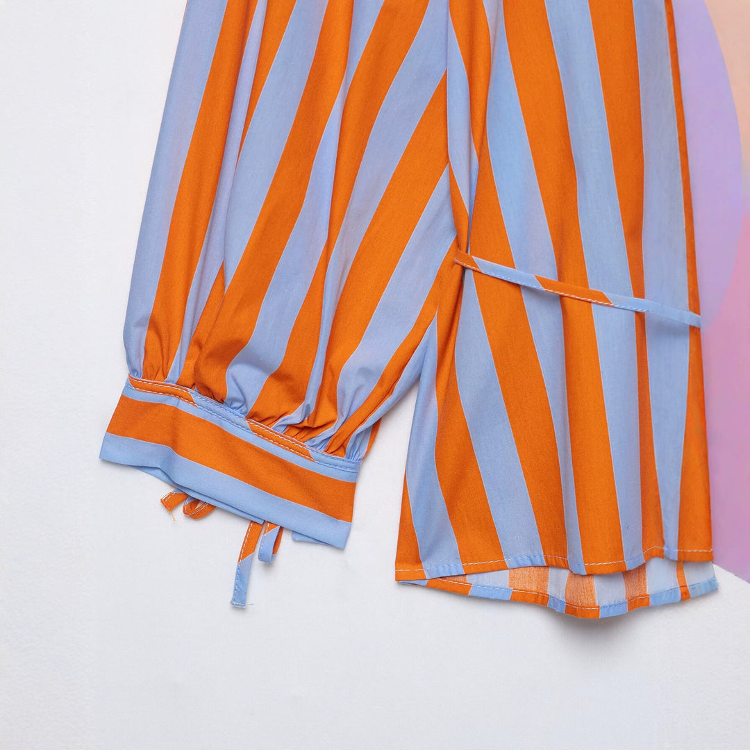 Women's Striped V-Neck Tunic Blouse with Balloon Sleeves and Drawstring Detail