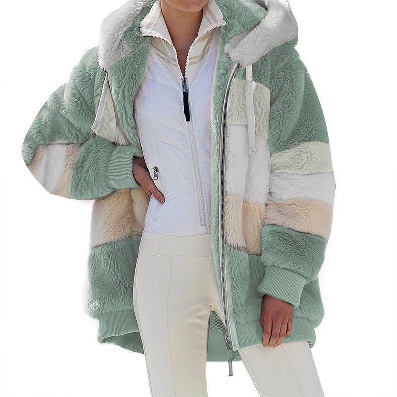 Women's cozy oversized faux fur jacket with hood, block stripes and ribbed cuffs Mune Fashion