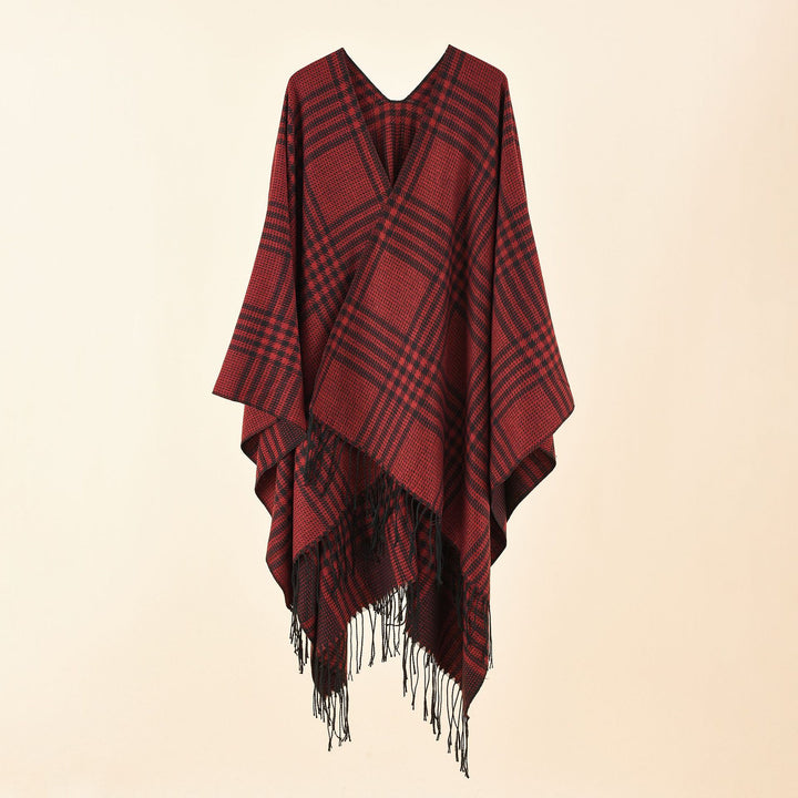 Women's Ruana Poncho with V-neck, boxy kimono fit, and fringe hem Mune Fashion