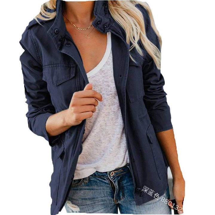 Women’s utility field jacket with stand-up collar, patch pockets and waist drawstring Mune Fashion