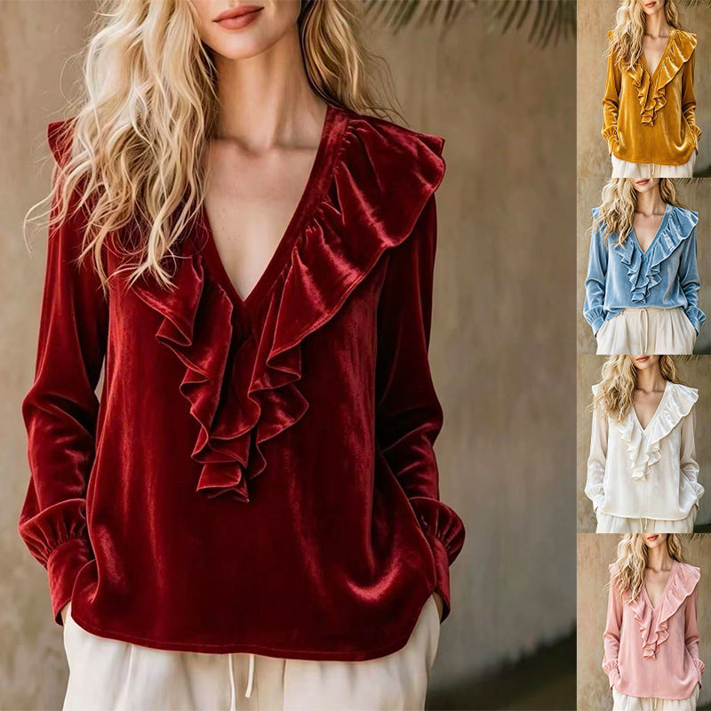 Women Ruffled V-Neck Blouse made of Chiffon with Ruffled Collar and Elastic Cuffs Mune Fashion