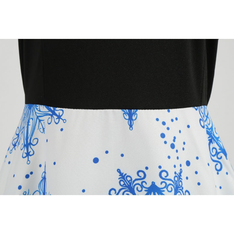 Women's Festive Flared Skirt Dress with Curved Neckline, Long Sleeves, and Satin Waist Belt Mune Fashion
