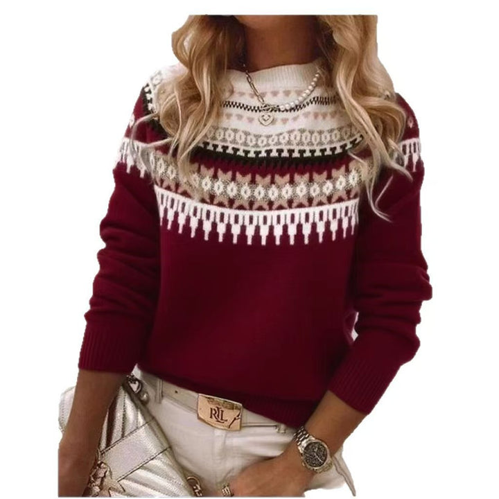 Women's Norwegian sweater made of wool blend with round neck and traditional Fair Isle yoke Mune Fashion