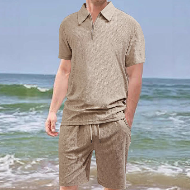 Men's comfortable short sleeve half zip set with polo collar and elastic cord pants made of textured knit Mune Fashion