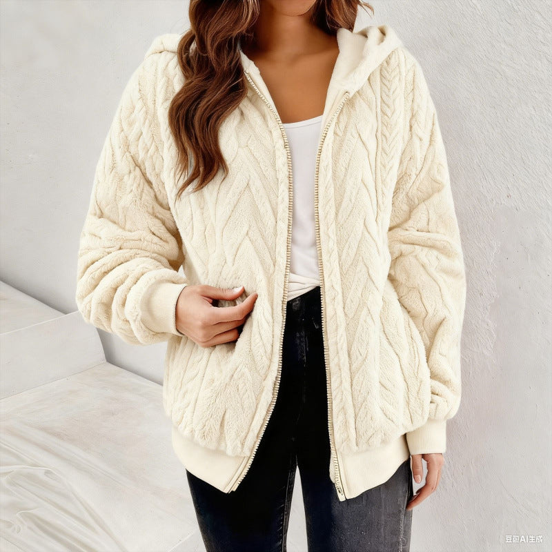 Women's Hooded Teddy Jacket with Zipper, Soft Plush and Elastic Cuff Mune Fashion