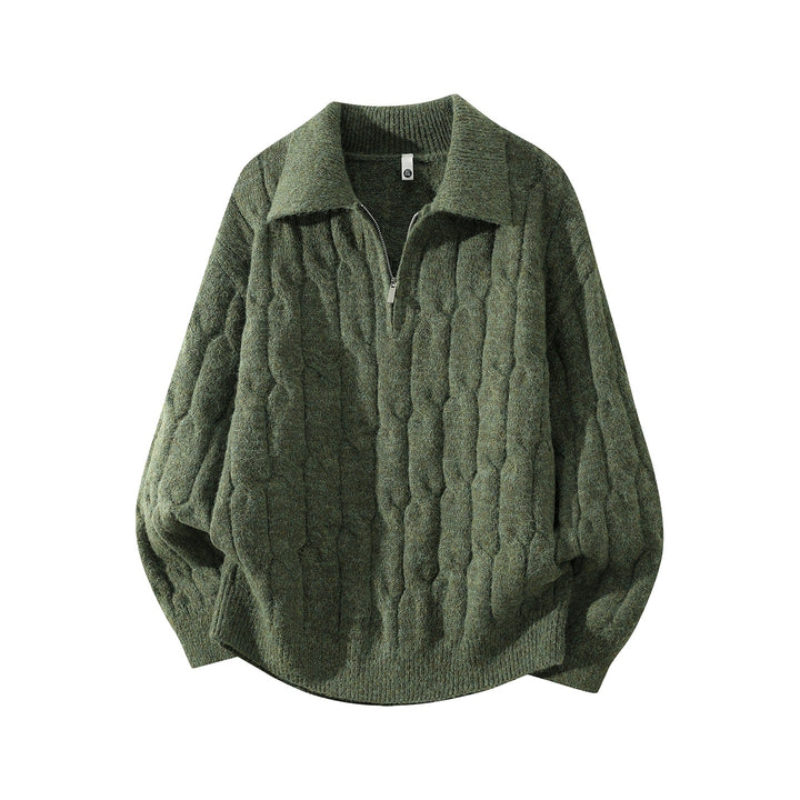 Unisex Oversize Braid Knit Sweater with Half Zip and Shirt Collar Mune Fashion