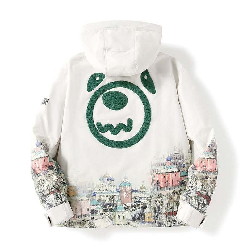 Unisex Hooded Parka with Urban Photo Print, Transparent Pockets and Drawstring Mune Fashion