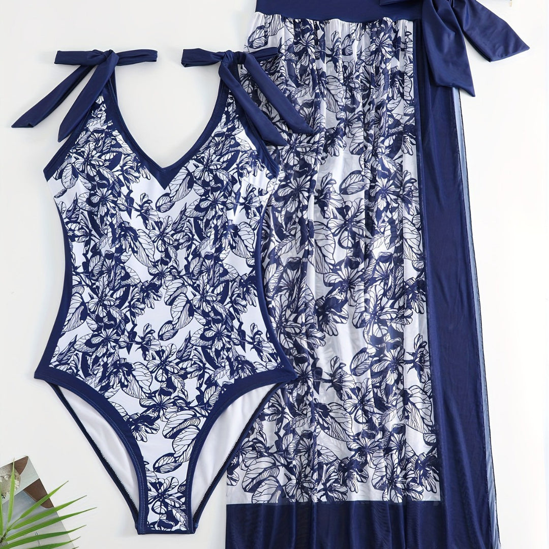 Women's One-Piece Swimsuit with Floral Overlay Mune Fashion