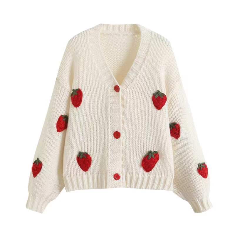 Women's short cardigan with strawberry appliqués and chunky knit Mune Fashion