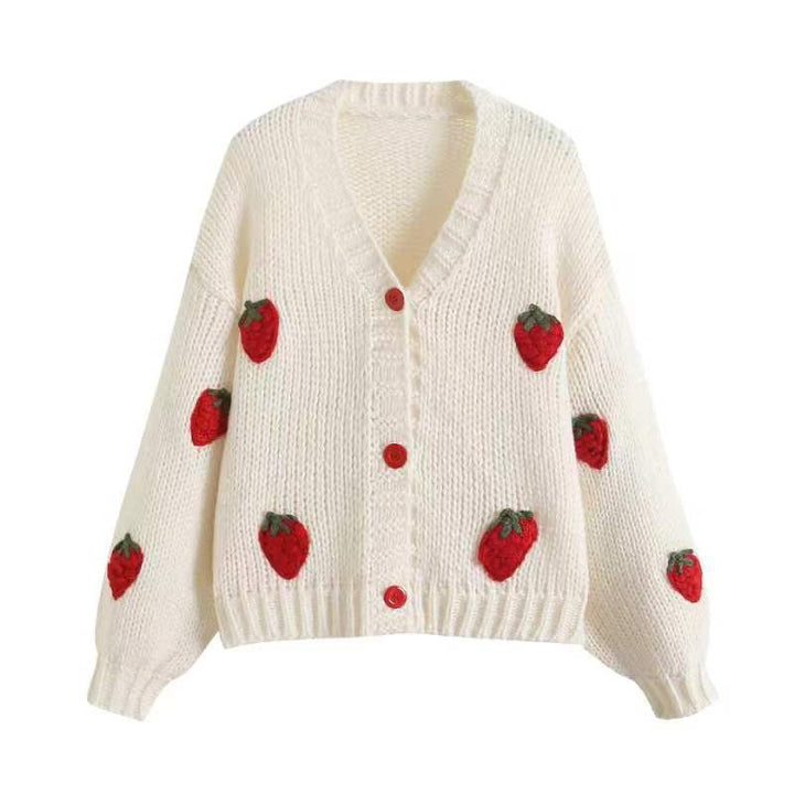 Women's short cardigan with strawberry appliqués and chunky knit Mune Fashion