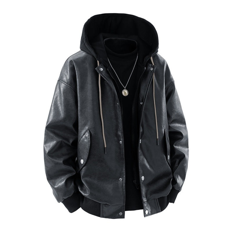Men's oversized synthetic leather bomber jacket with contrasting hood, snap button placket and patch pockets Mune Fashion