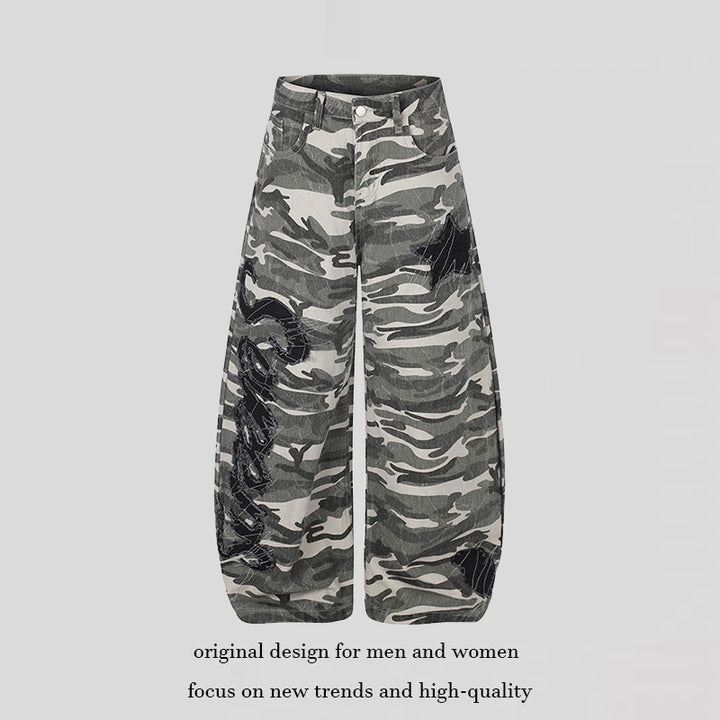 Women's Wide Camouflage Palazzo Pants with Balloon Hem and Decorative Stitch Details Mune Fashion