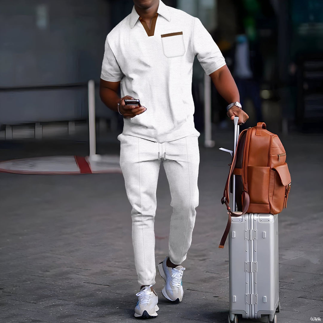 Men's casual leisure set made of elastic jersey with V-neck, chest pocket, and drawstring waistband Mune Fashion