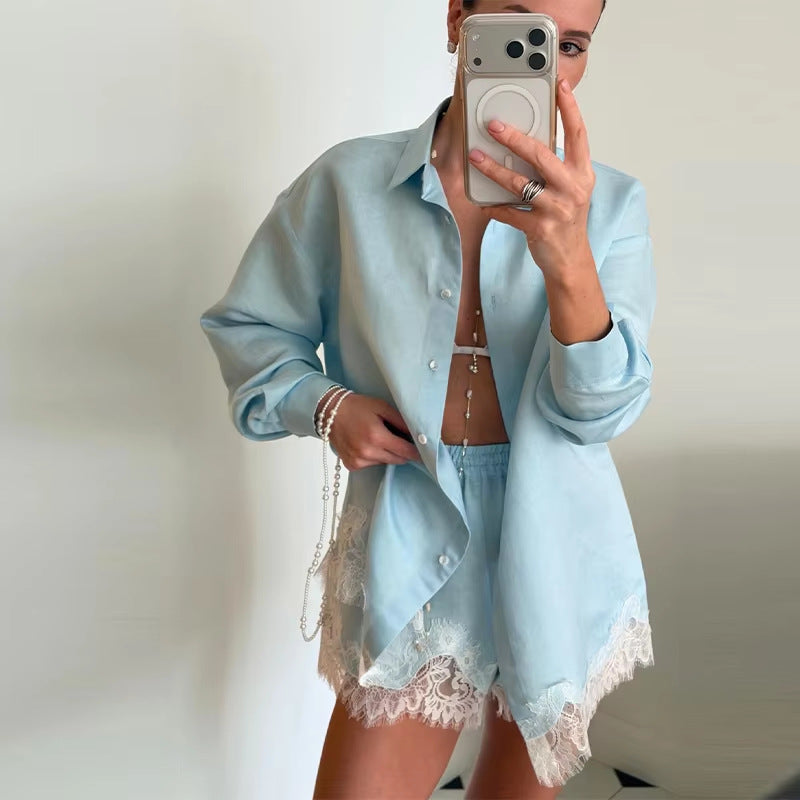 Women's two-piece satin pajama set with shirt blouse, elastic waistband shorts, and lace trim Mune Fashion