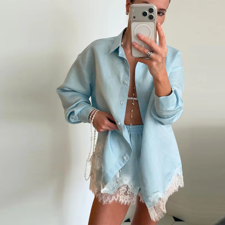 Women's two-piece satin pajama set with shirt blouse, elastic waistband shorts, and lace trim Mune Fashion