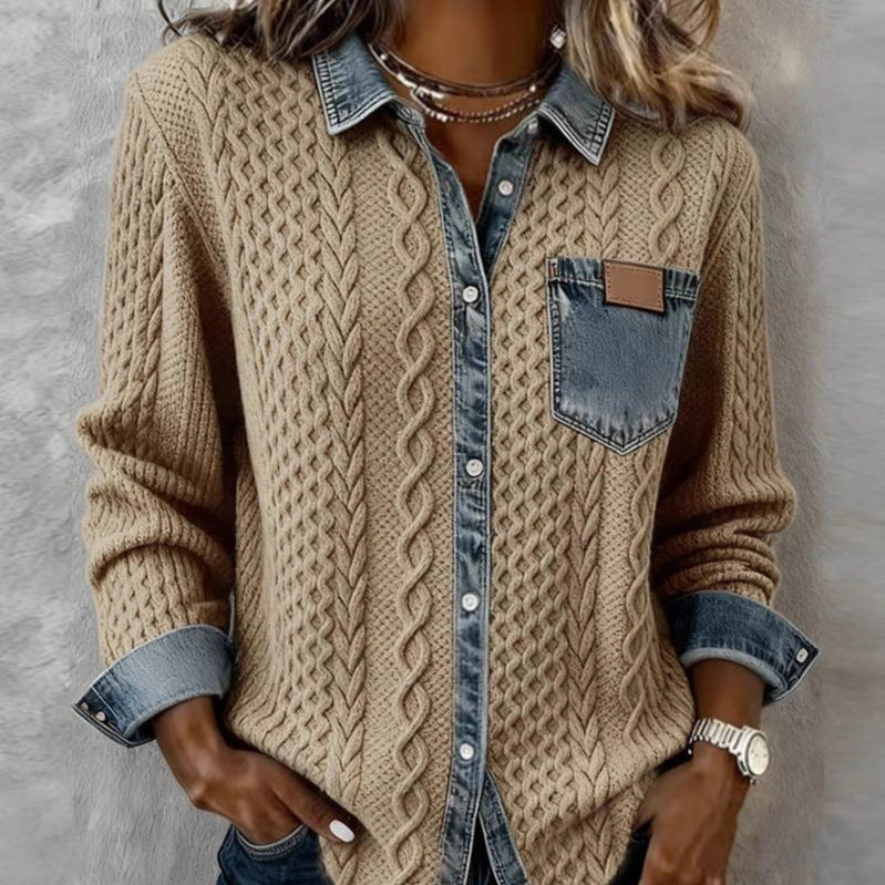 Women's braided knit sweater with integrated denim collar and chest pocket Mune Fashion