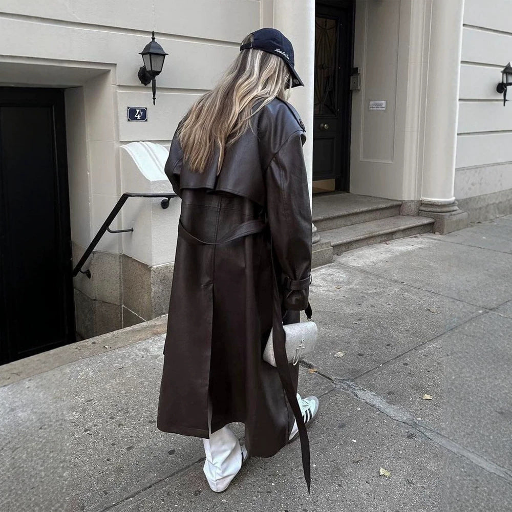 Ladies Maxilength Oversize Faux Leather Trench Coat with Wide Lapels and Waist Belt Mune Fashion