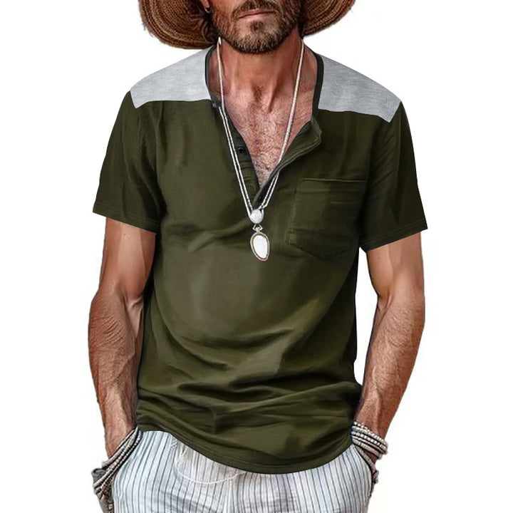 Men's short-sleeve henley shirt made of soft cotton blend with chest pocket and shoulder yoke Mune Fashion