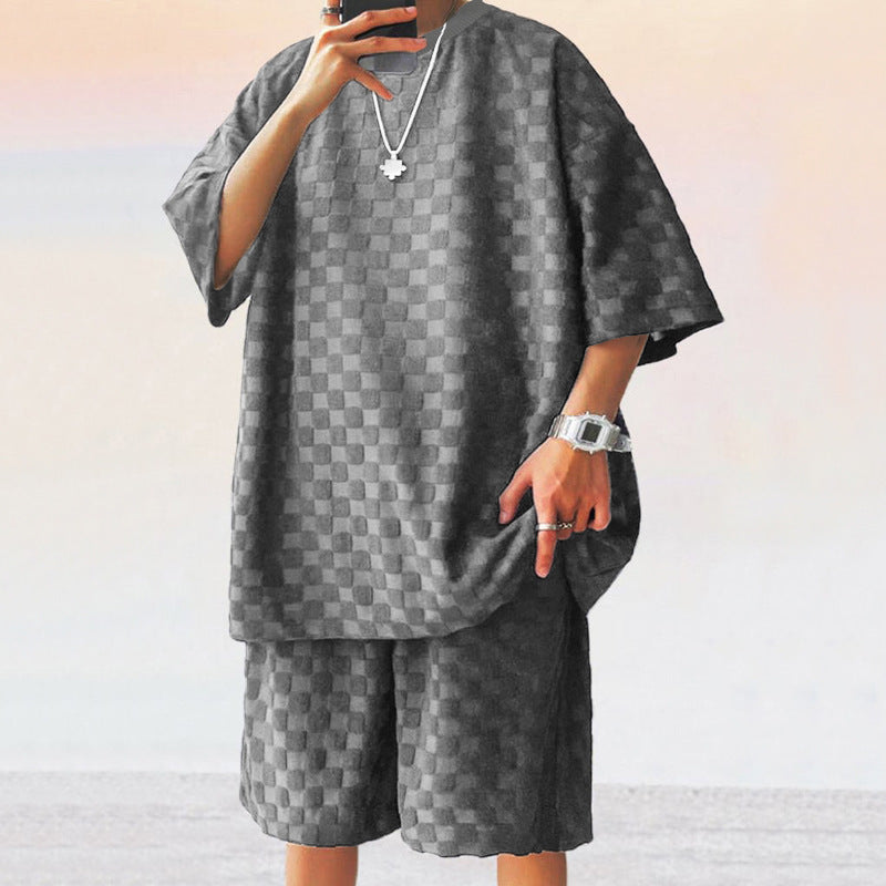 Unisex nan structured relief set made of honeycomb jersey with oversized shirt and knee-length shorts Mune Fashion