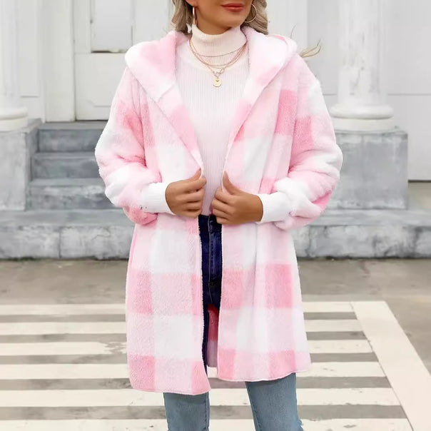 Women Oversize Checked Teddy Coat with Hood and Side Pockets Mune Fashion