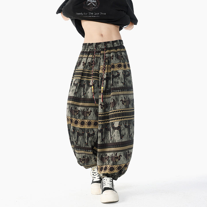 Women's Loose Boho Harem Pants made of Cotton Blend with Elastic Waistband and Ethno Print Mune Fashion