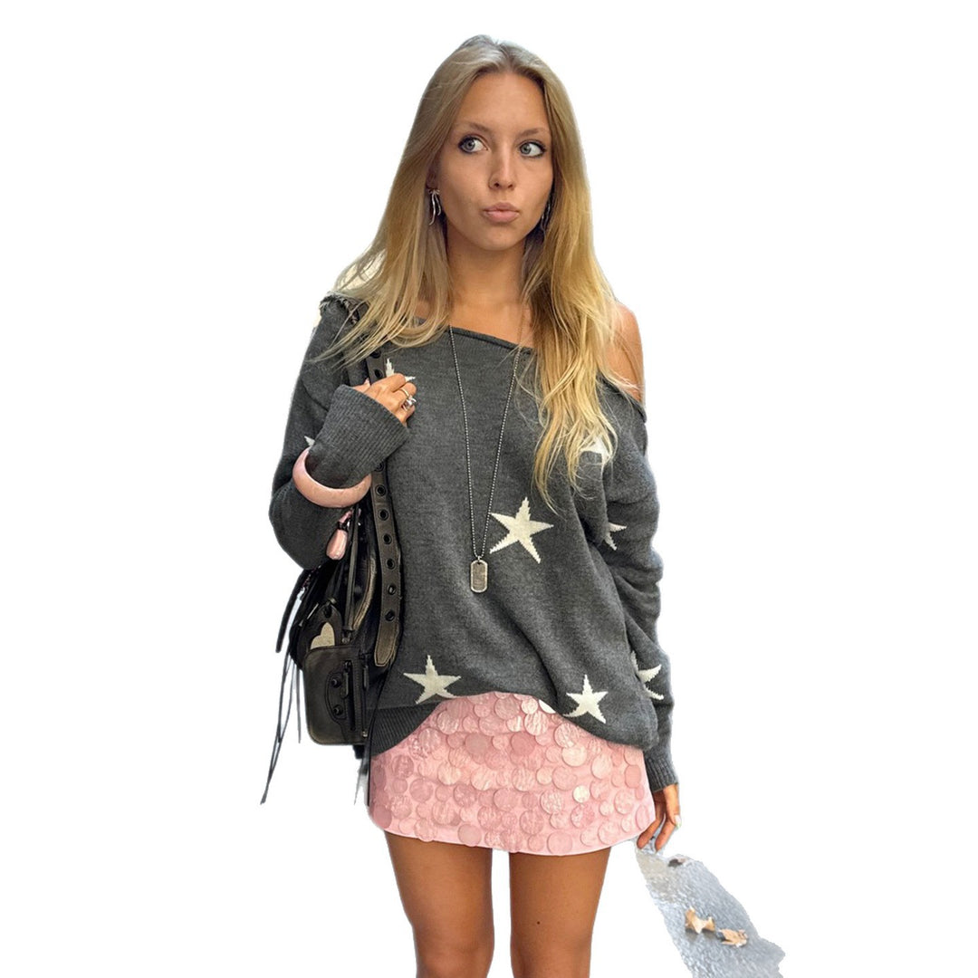 Women Off-Shoulder Oversized Knit Sweater with Star Pattern and Ribbed Hem Mune Fashion
