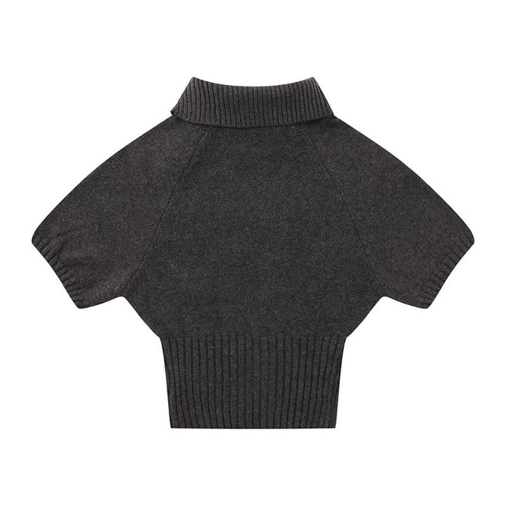 Women's Short-Sleeved Cable Knit Sweater Top with Stand Collar and Button Placket Mune Fashion