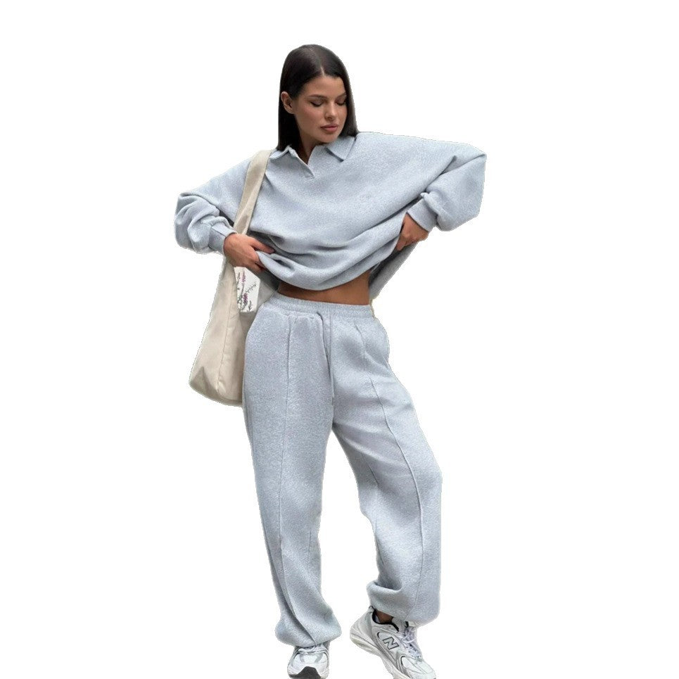 Women's Relaxed Polo Sweatshirt with V-Notch and Gathered Drawstring Jogging Pants Mune Fashion