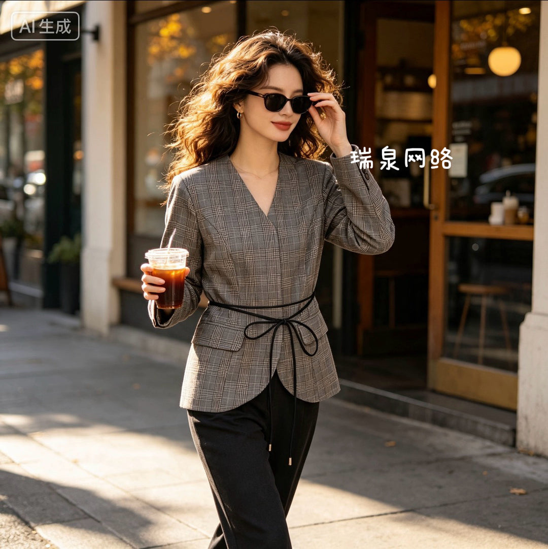 Women Tailored Glencheck Blazer with V-neck and Wrap Belt Mune Fashion