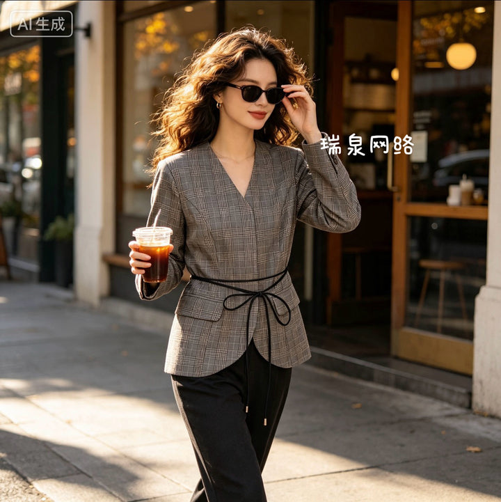 Women Tailored Glencheck Blazer with V-neck and Wrap Belt Mune Fashion